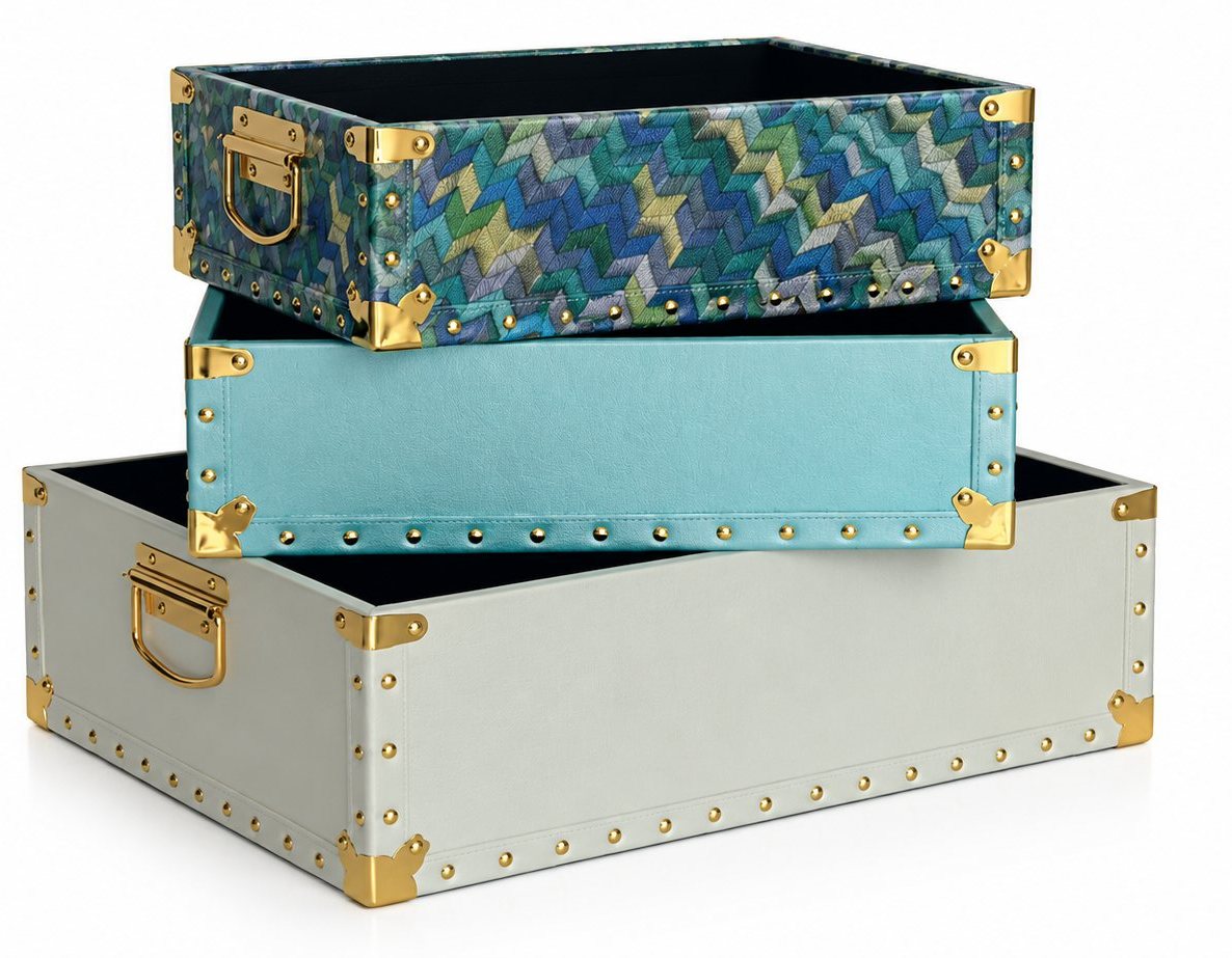 Bryan open trunk boxes stacked — ivory, teal and patterned finishes